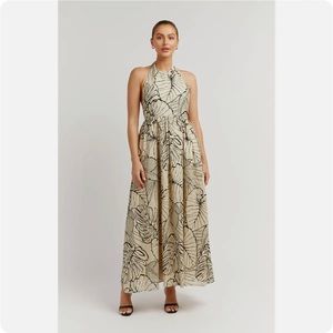 DISSH Malta Palm Linen Halter Dress | US 4